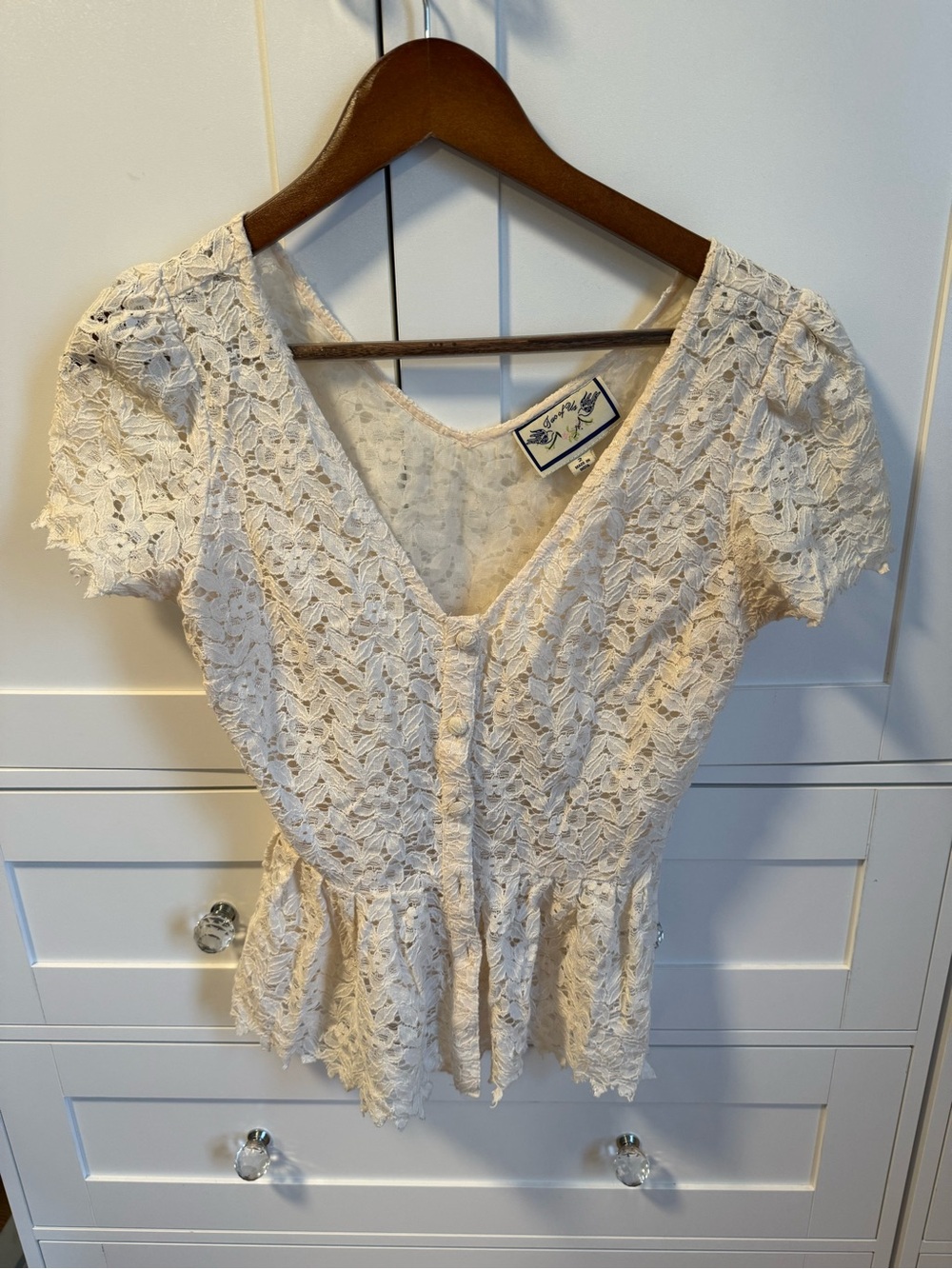 Anthropologie Cream Lace Peplum Button-Front Top